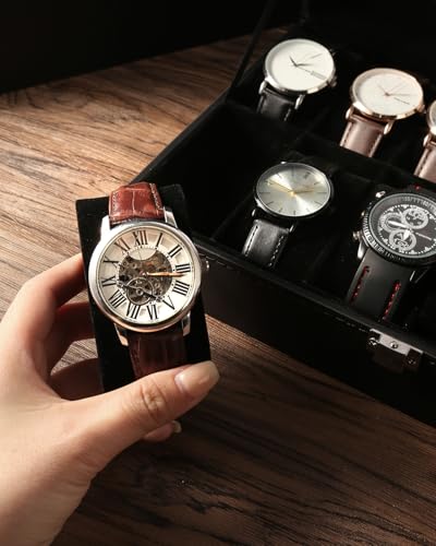 Uten Watch Box 10 Slots for Men, Leather, Large Glass Lid Black | Watch Jewelry Display Case, Fit Watch Size up to 48mm, Removable Pillows, Metal Clasp, Velvety Inner Lining, Gifts - color: Black, size: 10 Slots