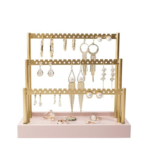 SANY DAYO HOME 3-Tier Earring Holder Organizer Stand, 105 Holes Gold Metal Earring Rack Jewelry Display Tree with Pink Wood Tray for Women and Girls - color: Gold Rack Pink Base