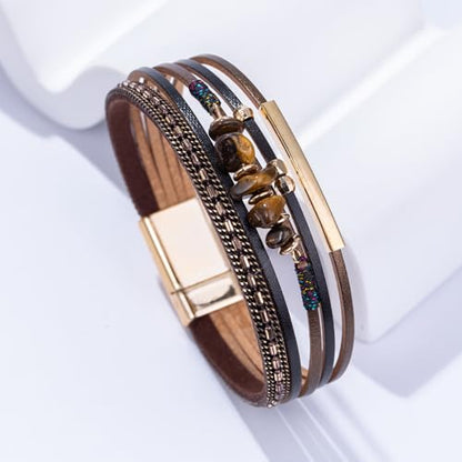Boho Gemstone Beaded Leather Wrap Bracelets Stackable Chunky Cuff Bracelet Western Jewelry Cowboy Chic Country Concert Outfits for Women - color: Brown