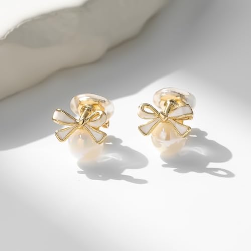 YOQUCOL Golden Bow Clip On Stub,Danle Drop Earrings for Women Simulated Pearl Christmas Xmas Bowknot Non Pierced Earrings - color: Stud Clip-02-White