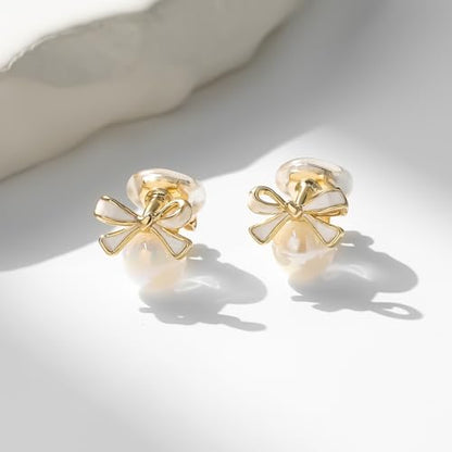YOQUCOL Golden Bow Clip On Stub,Danle Drop Earrings for Women Simulated Pearl Christmas Xmas Bowknot Non Pierced Earrings - color: Stud Clip-02-White