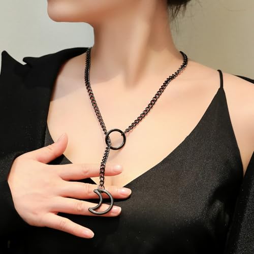 Slip Chain Choker for Women Handmade Black Stainless Steel Cuban Chain Chunky Moon Bat Raven Skull Pendant Gothic Punk Rock Collar Adjustable Lariat Y Necklace for Men - style: Black Moon