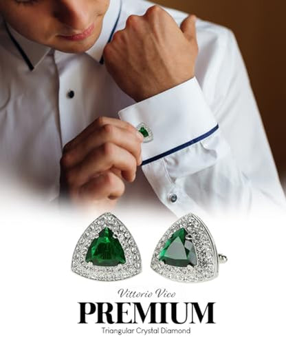 Triangular Crystal Diamond Set Cuff Links for Men – Tuxedo Suit Accessories, Cufflinks for Men - style: Emerald/Silver