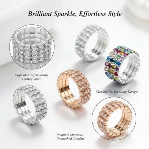 Sparkling Rhinestone Ring Set Trendy Elastic Rhinestone Crystal Stretch Ring Stackable Jewelry for Women Girls - color: 3 Colors (Colorful, Golden, Silver)-A