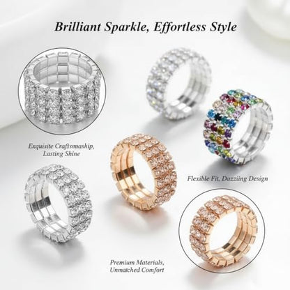 Sparkling Rhinestone Ring Set Trendy Elastic Rhinestone Crystal Stretch Ring Stackable Jewelry for Women Girls - color: 3 Colors (Colorful, Golden, Silver)-A