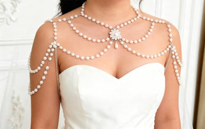Pearl Shoulder Jewelry Bridal Wedding Shoulder Necklace Chain Festival Rave Party Outfit Accessories for Women Statement Body Chain