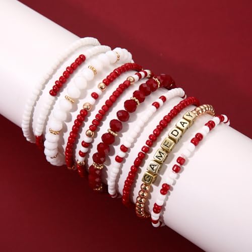 ZOLEAROPY Game Day Bracelets Stack Football Bracelets for Women Men Stackable Game day Bracelet Accessories Football Mom Outfit Jewelry Gifts - color: crimson white