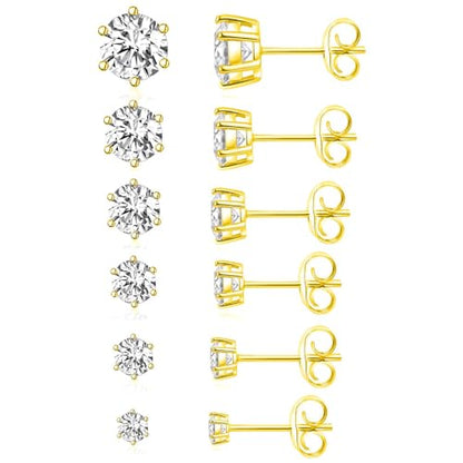 18K Gold Plated Round Princess Cut Clear Cubic Zirconia Stud Earring of 6 Pairs - color: C-gold