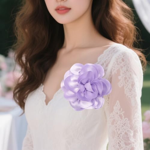Large Rose Flower Brooches Chiffon Camellia Brooch Lapel Pins Hair Clips Hat Pins for Women Wedding Banquet Accessories Large Satin Flowers 5.5in - color: Purple