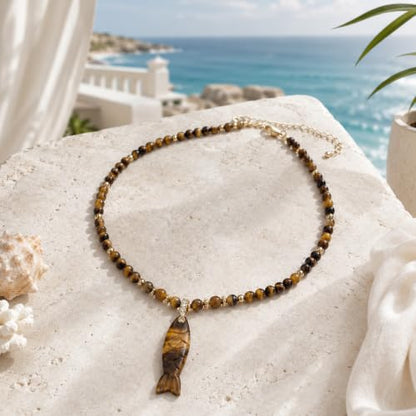 Natural Tiger Eye Fish Pendant Beaded Necklace for Women & Men | 16"+2" Adjustable | Handmade Dainty Protection Stone | Unisex Boho Beach Jewelry | Earthy Vintage Gift