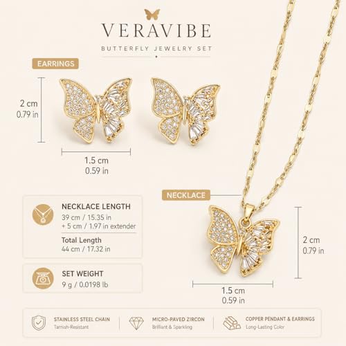 14K Gold Plated Butterfly Necklace and Earrings Set for Women | Dainty Cubic Zirconia Inlaid, Minimalist Stainless Steel Chain Choker, Elegant Trendy Jewelry Gifts