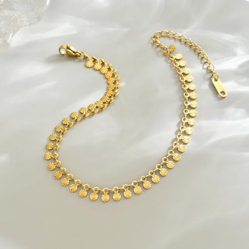 18K Gold Plated Ankle Bracelets for Women Dainty Star Coin Teardrop Square Tassel Anklets Cute Dangle Foot Chain Stainless Steel Beach Foot Jewelry - style: Textured Coin Tassel-Gold