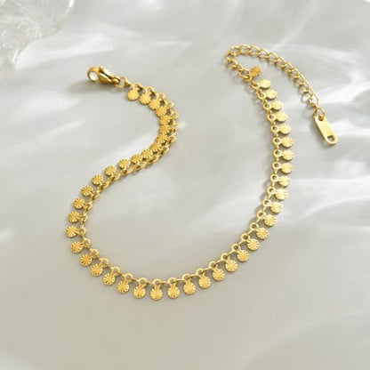 18K Gold Plated Ankle Bracelets for Women Dainty Star Coin Teardrop Square Tassel Anklets Cute Dangle Foot Chain Stainless Steel Beach Foot Jewelry - style: Textured Coin Tassel-Gold