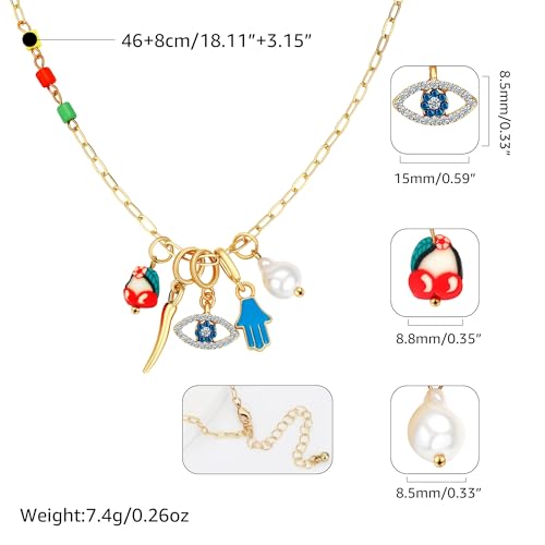 Charm Necklace for Women Gold Evil Eye Sun Moon Flower Coin Pendant Necklace Dainty Paperclip Chain Vintage Luck Amulet Choker Necklaces Celestial Jewelry Gift - style: 5 Charms-Tiny Eye