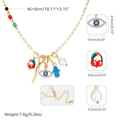 Charm Necklace for Women Gold Evil Eye Sun Moon Flower Coin Pendant Necklace Dainty Paperclip Chain Vintage Luck Amulet Choker Necklaces Celestial Jewelry Gift - style: 5 Charms-Tiny Eye