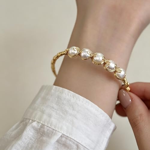 Handcrafted Natural Freshwater Baroque Pearl Bracelet,Winding Design,Opening Adjustable,14k Gold Plated Material