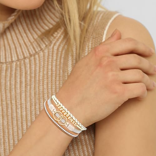NEWITIN 2 Pieces Leather Wrap Bracelets for Women Leather Cuff Bangle Bracelets Boho Multi-Layer Bracelet Crystal Beads Bracelet for Women - color: Khaki