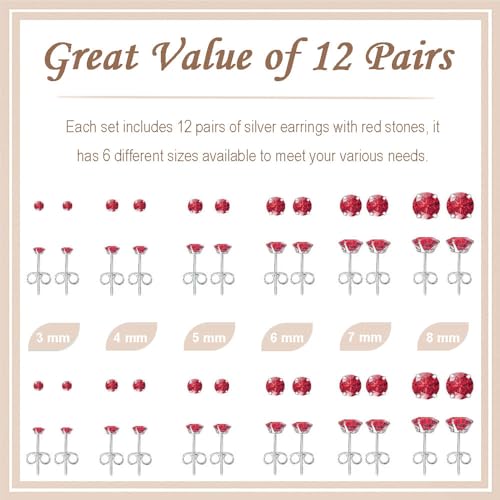 12 Pairs Stud Earrings Set, Hypoallergenic Surgical Stainless Steel 316L Earring for Women Men, Small Earring Studs Pack with Cubic Zirconia - color: Red-6 Sizes-3，4，5，6，7，8