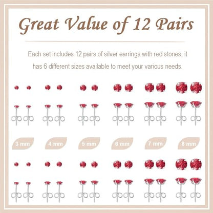 12 Pairs Stud Earrings Set, Hypoallergenic Surgical Stainless Steel 316L Earring for Women Men, Small Earring Studs Pack with Cubic Zirconia - color: Red-6 Sizes-3，4，5，6，7，8