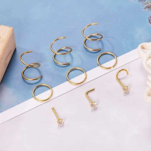 21PCS 18G 20G 22G 316L Stainless Steel Nose Rings Hoop for Women Men Double Nose Ring CZ Nose Stud Piercing Jewelry - color: 22G-Gold tone