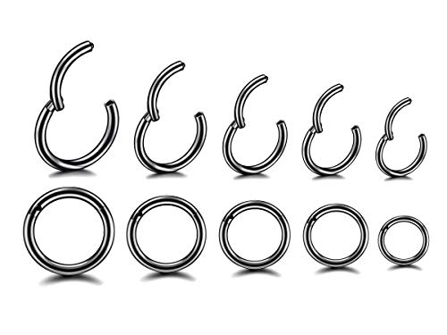 HQLA 16G Surgical Steel Hinged Clicker Segment Nose Rings Hoop Helix Cartilage Daith Tragus Sleeper Earrings Body Piercing for women 6mm 8mm 10mm 12mm 14mm - style: 16G - Black - (6mm-14mm) - 10Pcs
