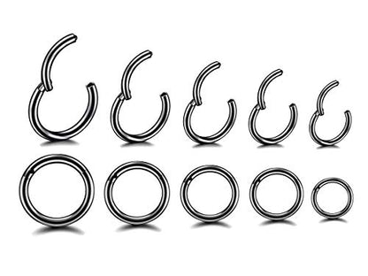 HQLA 16G Surgical Steel Hinged Clicker Segment Nose Rings Hoop Helix Cartilage Daith Tragus Sleeper Earrings Body Piercing for women 6mm 8mm 10mm 12mm 14mm - style: 16G - Black - (6mm-14mm) - 10Pcs