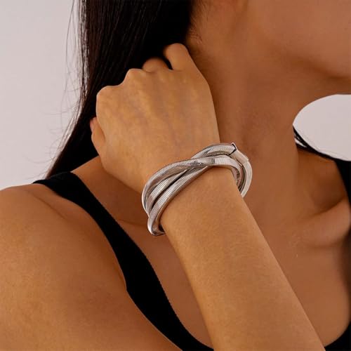 Chunky Gold Bangle Bracelets for Women Trendy Irregular Statement Cuff Bracelets Stack Wide Minimalist 3PCS Bangle Set Jewelry - style: T-Silver B