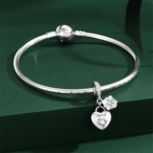 925 Sterling Silver Birthstone Charms Fit for Bracelet and Necklace Happy Birthday Charm Mother's Day Jewelry Gift for Women - color: 4-April