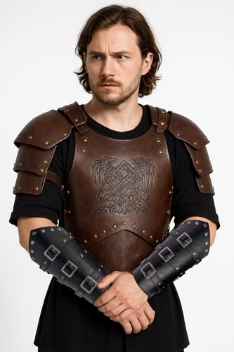 Medieval Leather Bracers Dragon Embossed Viking Leather Bracers Leather Arm Armer Cuff Leather Gauntlet Costumes Accessories - style: Buckles Bracers for Men-black