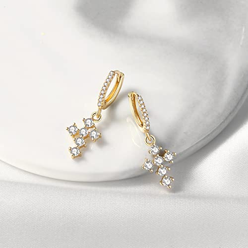 DAILY VIBES Cute Gold Mini Dangle Huggie Hoop Earrings for Women Trendy | 14K Gold Plated, Dainty Cubic Zirconia, Small Hoop Earrings with Charm Drop, Jewelry Gift for Women Ladies - color: Cross B CZ