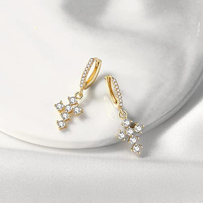 DAILY VIBES Cute Gold Mini Dangle Huggie Hoop Earrings for Women Trendy | 14K Gold Plated, Dainty Cubic Zirconia, Small Hoop Earrings with Charm Drop, Jewelry Gift for Women Ladies - color: Cross B CZ