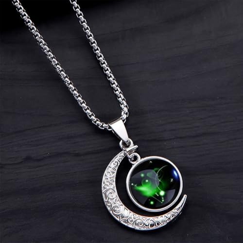 Stainless Steel Mens Necklace 12 Zodiac Moon Galaxy Pendant Necklace,22.8 Inch Stainless Steel Chain, 1.13 Inch Aries/Pisces Celestial Crescent Moon Star Sign Charm Jewelry - style: Aries（3.21-4.19）
