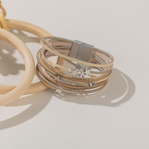 Boho Cute Star Leather Wrap Bracelets Stackable Western Chunky Jewelry | Bohemian Statement Layered Stack Magnetic Clasp Cuff Bangle Fashion Festival Hippie Cowgirl Country Outfits for Women Trendy - color: Gold
