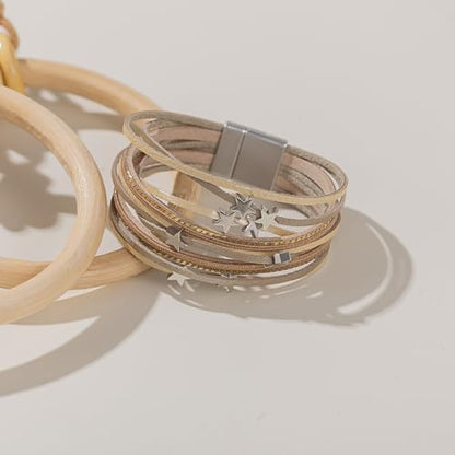 Boho Cute Star Leather Wrap Bracelets Stackable Western Chunky Jewelry | Bohemian Statement Layered Stack Magnetic Clasp Cuff Bangle Fashion Festival Hippie Cowgirl Country Outfits for Women Trendy - color: Gold