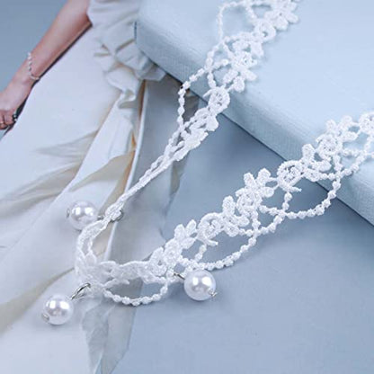 YienDoo Vintage Lace Choker Necklace White Gothic Lace Pattern Punk Tassel White Pearl Beaded Pendant Princess Bridal Lolita Statement Necklace Jewelry For Women