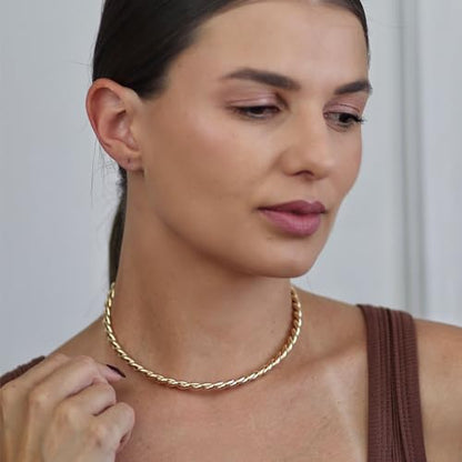 Bling Jewelry Tradtional Cable Twist Braid Rope Choker Collar Necklace For Women Teens Polished 14K Yellow Gold Plated
