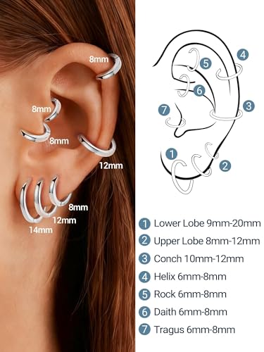 PROSTEEL Huggie Hoop Earrings For Women with 925 Sterling Silver Post | 8/10/12/14/16/18/20mm,14K Gold Plated/Black/Rose Gold/Silver Brass Lightweight Cubic Zirconia Cartilage Piercing Earring - color: 1. Silver, size: 8mm