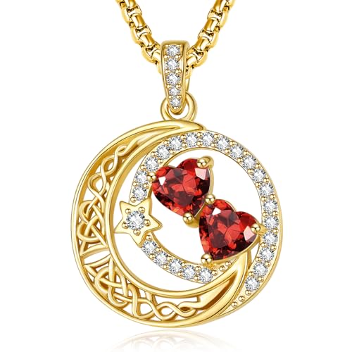 14K Gold Moon and Star Double Birthstone Necklace Gifts for Women | 2 Heart Birthstone Necklace,Mothers Day Wedding Anniversary Birthday Gifts for Wife Mom Daughter Grandma Sister - color: 01-01-Jan-Jan Birthstone