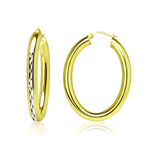 Hoops & Loops 925 Sterling Silver 4.5mm Thick Oval Diamond-Cut Hoop Earrings, 25mm 30mm, Silver, Yellow Gold, Rose Gold & Black - color: Yellow Gold 30mm-1.2''