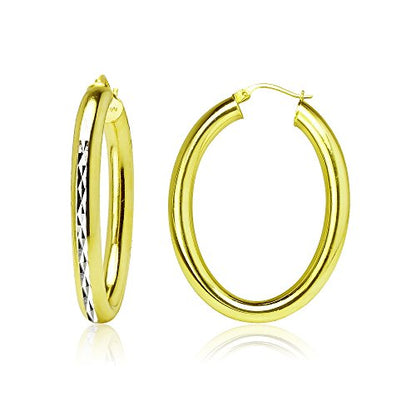 Hoops & Loops 925 Sterling Silver 4.5mm Thick Oval Diamond-Cut Hoop Earrings, 25mm 30mm, Silver, Yellow Gold, Rose Gold & Black - color: Yellow Gold 30mm-1.2''