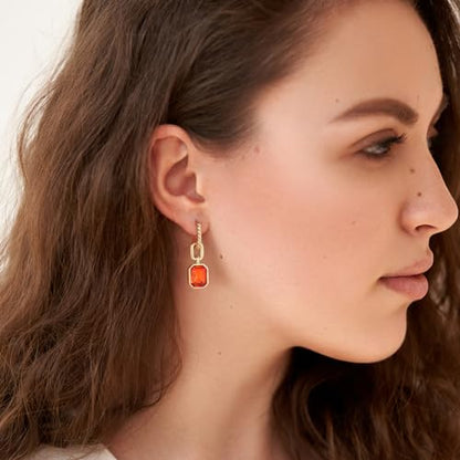 Birthstone Crystal Dangle Drop Earrings, 18K Gold Plated Huggie HoopEarring | Hypoallergenic Earring Jewelry Gifts for Women, Birthdays, anniversaries, weddings - color: Orange-1