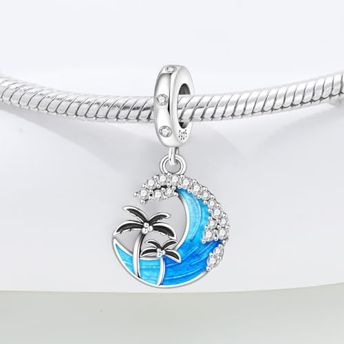 925 Sterling Silver Charms Bead for Bracelets Necklaces, Star Moon Crescent Sun Solar Pendent, Blue Ocean Starfish Shells Turtle Crab Starry Sea Cute Jewelry Birthday Gifts for Women Men - style: Sea waves charms