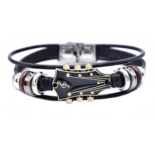 Angyape Retro Faux Leather Guitar Bracelet, Zinc Alloy Rock Music Guitar Leather Bracelet Punk Handmade Braided Multi-Layer Wrap Guitar Shape Decorative Cuff Bracelet Musical Enthusiast Gift - color: Black