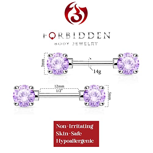 Forbidden Body Jewelry 14g 1/2 Inch (12mm) Surgical Steel & Gold Plated CZ Crystal Front Facing Gemmed Nipple Ring Barbell Set - style: Lavender