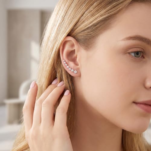 Reffeer Solid 925 Sterling Silver 7 Crystals Cuff Earrings Climber for Women Crawler Earrings Wraps - color: A-Silver