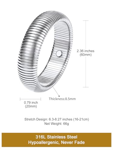 KeyStyle Bangle Bracelets For Women, Stainless Steel Stretch Bracelet Wide | 14K Gold/Rose Gold/Black/Silver Plated Flexible Wide Twisted Link Chain Wristband Jewelry, 10Mm, 16Mm, 20Mm - color: 20mm - Steel