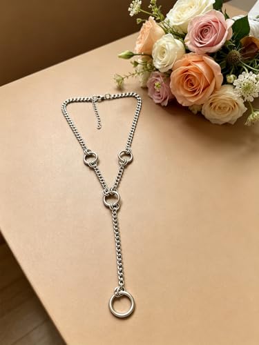 Slip Chain Necklace for Women Gothic Stainless Steel Bar Pendant Cuban Link Necklaces Adjustable Goth O Ring Long Necklaces Punk Rock Collar Choker Trendy Lariat Y Necklace - color: Silver 4 rings