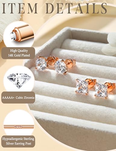 2 Pairs "STUNNING FLAME" 925 Sterling Silver 18K Real Gold Plated Stud Earrings for Women Men 5A Brilliant Princess Cut Round Cubic Zirconia - Hypoallergenic Large CZ Studs Earring Set 8 CTW (2ct*4) - color: 14K Rose Gold - 8.0 Carat(2.0ct*4)
