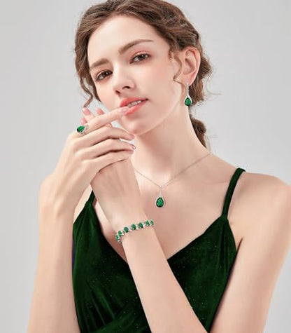 LMXXVJ Jewelry Set for Women,Teardrop Cubic Zirconia Necklace Earrings Adjustable Ring Bracelet Jewelry Set Formal Jewelry Gift - color: ZYSD-White Gold-Green