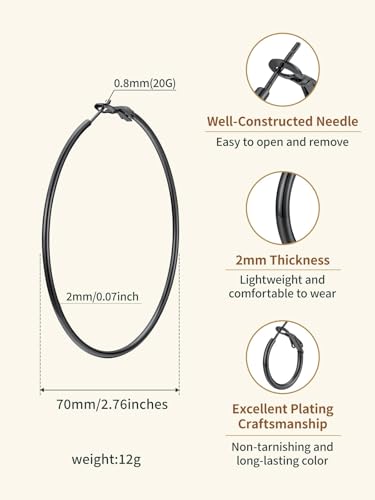 FindChic Thin Hoop Earrings for Women,Silver/Black/Gold Plated 20-100mm - color: Black, size: 70mm